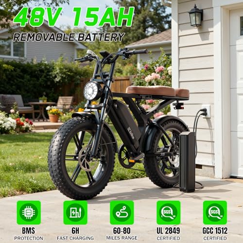 Image of SISIAGD Electric Bike for Adults,1500W Peak Ebike,48V 15 / 30AH Waterproof Removable Battery,60-100 Miles,7 Speed,30 MPH Max,20 inch E Bike for City Commuting,Off-Roading,Mountain,UL 2849 Certification
