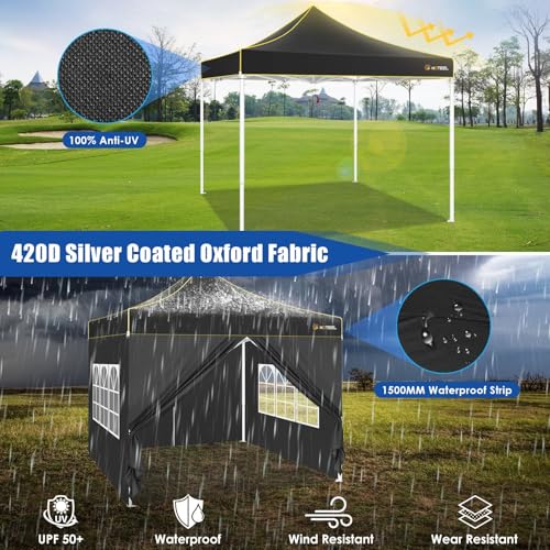 Image of HOTEEL 10x10 Pop Up Canopy, Upgraded Thickened Hexagonal Legs, Black | Upgraded pipes (1.77'', 0.7mm), 3-height adj, 420D waterproof & silver-coated fabric, ideal for events /beaches /markets