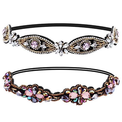 Cubaco Rhinestone Beaded Headband for Women, 2 Pack Elastic Fashion Jeweled Crystal Hairbands for Lady, Hair Jewelry Accessories