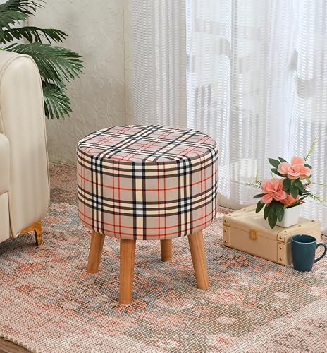 Image of NACIA Printed Ottoman Stool Set of 2 | Soft Cushioned Velvet Pouf Footrest with Wooden Legs | Decorative Seating Stool for Bedroom Living Room Home & Office (16x16x17 Inch, Cream Strip)