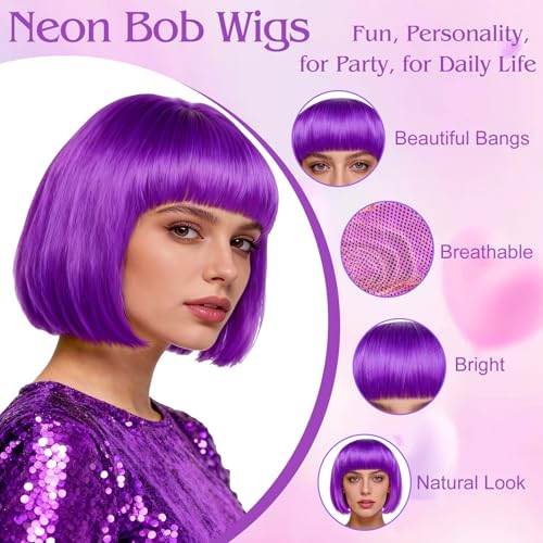 Image of MEEZY 2 Pcs Colorful Bob Wigs with Bangs Black Purple for Women, Neon Fun Wig Short Bob Hair with Heart Sunglasses Hair Cap for Halloween Costume Cosplay Photography Birthday Bachelorette Party