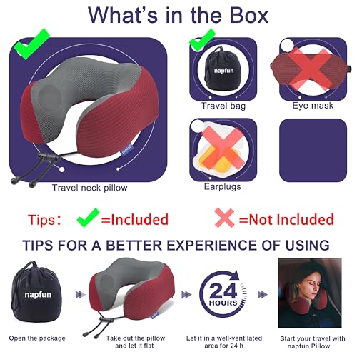 Image of napfun Neck Pillow for Traveling, Upgraded Travel Neck Pillow for Airplane 100% Pure Memory Foam Travel Pillow for Flight Headrest Sleep, Portable Plane Accessories, Burgundy
