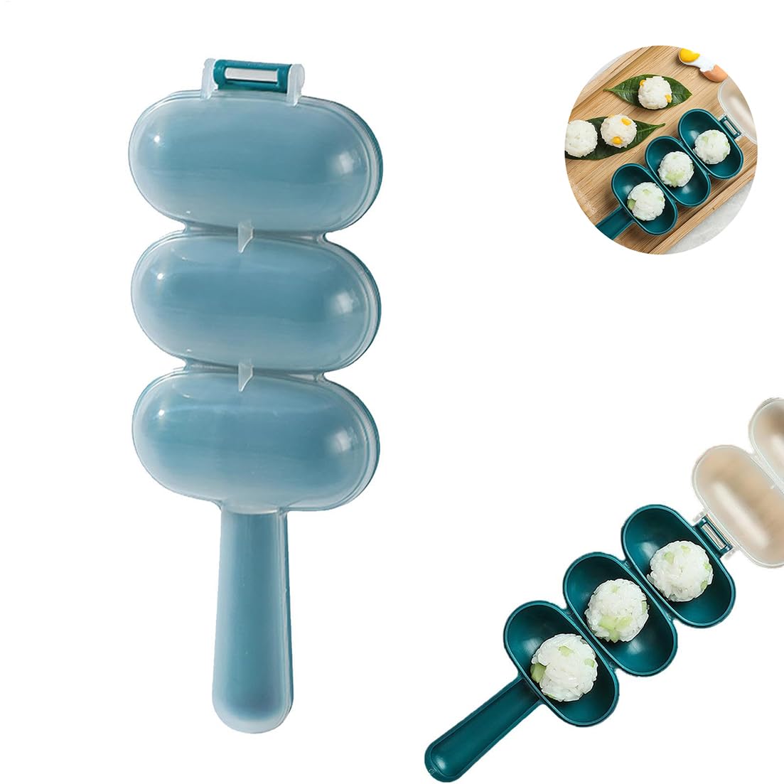 3-fach Reisballen-Former, Antihaft-Sushi-Maker, 17 cm, Blau, DIY-Onigiri-Kugelform für Küche und Camping