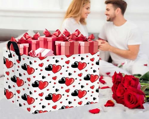 Image of Valentines Day Basket for Kids Heart Shaped Empty Storage Bins for Gifts with Handles Room Decor (Red Black Double Love)