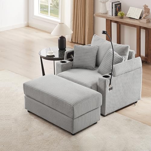 Merax Modern 41.7' Chaise Lounge with Pillows, Charge Station & Cup Holders,Upholstered Sofa Recliner Chair with Ottoman for Living Room Bedroom Gray