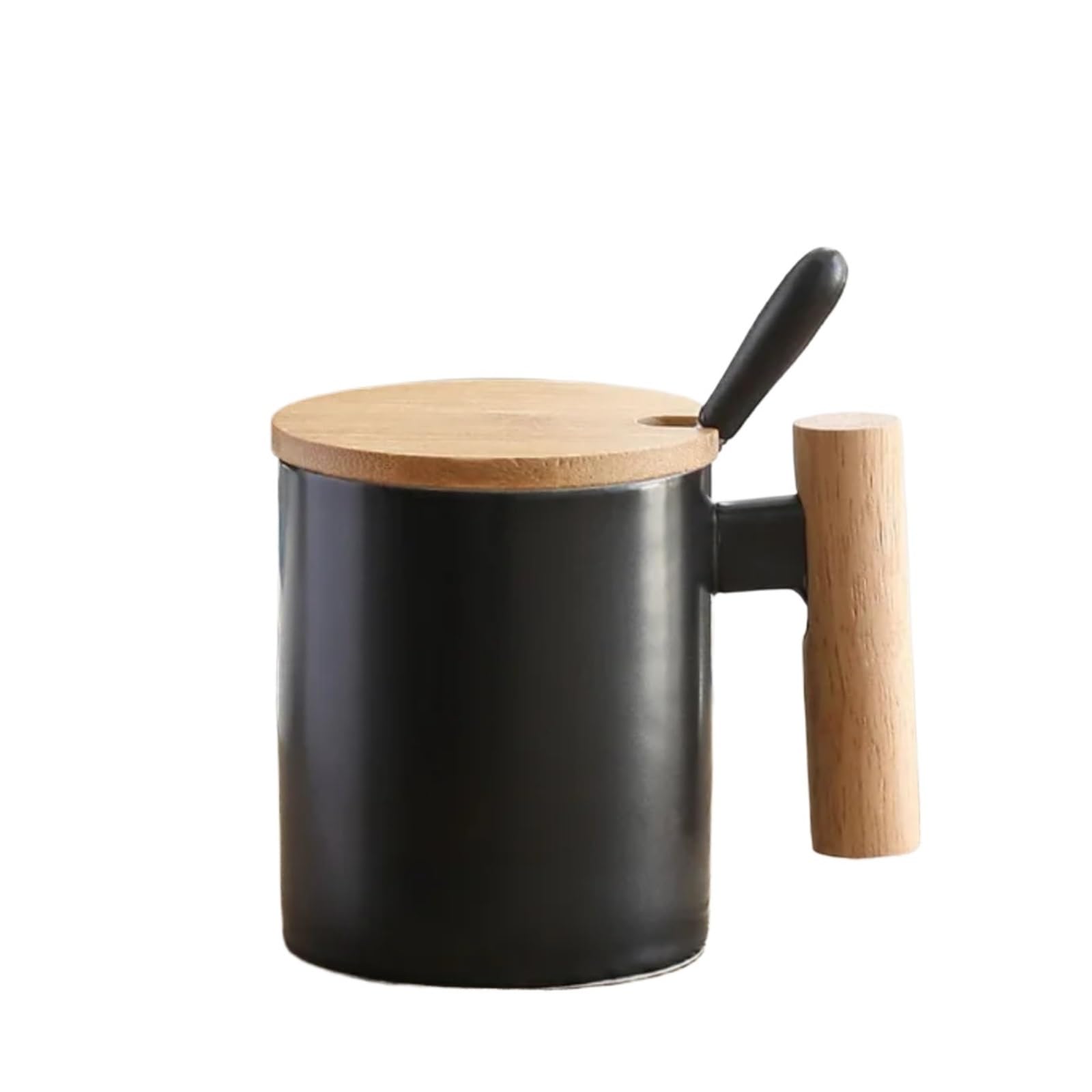 Tasse Mit Deckel 2 stücke 310ml Keramik Holz Griff Kaffee Tasse Mit Deckel Und Löffel Milch Paar der Becher(Black)