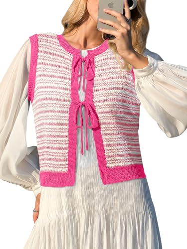 Image of Yousify Womens Tie Front Tops Tie Back Sweaters Vest Crochet Cardigan Crop Top Cardigan Crop Shirts Rose Pink L