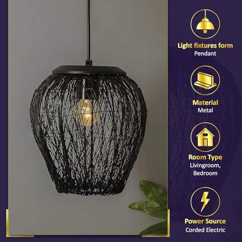 Image of Lexton Wire Mesh Hanging Ceiling Pendant Lamp Light Fixture | Bedroom, Restaurant, Indoor Or Home Decoration (Corded Electric, Black, Pack of 1, Bulb Not Included)