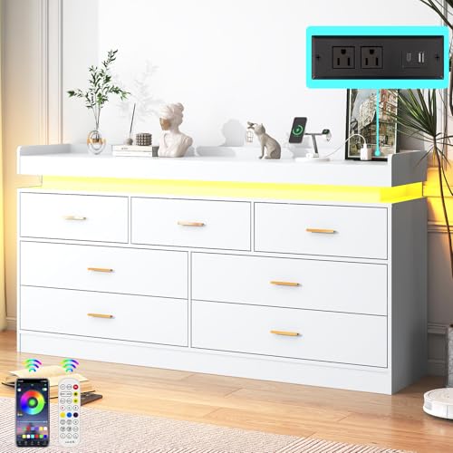 Image of jiteentarou 7 Drawer Dresser with Charging Station and LED Lights, Modern Chest of Drawers with Power Outlet, Organizer Cabinet for Bedroom, Living Room, Entryway, White
