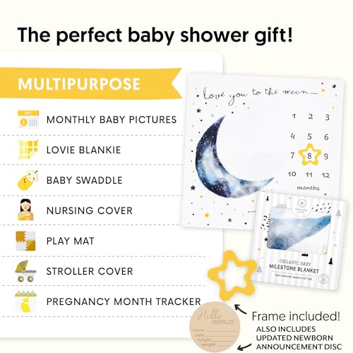 Image of Pondering Pine Organic Baby Monthly Milestone Blanket Boy - Love You to the Moon and Back Blanket for Boys, Growth Chart for 1-12 Months Milestones, Gender Neutral, 47 inchx47 inch