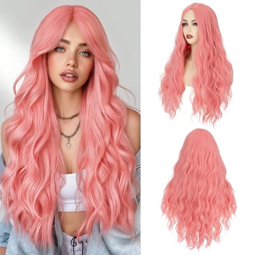 S-noilite Long Wavy Wig 24inch Pink Long Wigs for Women Middle Part Natural Looking Synthetic Wigs for Cospaly Daily Use