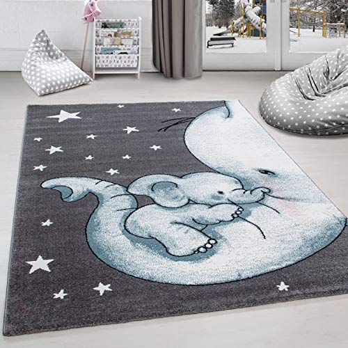 Alfombra infantil para habitación infantil, diseño de elefante y estrella, color gris, blanco y azul, 80 x 150 cm