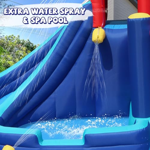 Image of Action Air Inflatable Water Slide for Kids, Backyard Water Park with Big Bouncy Area, Splash Pool, Long Slide, Water Cannon & Sprinkler, 193x138x91 Inch Outdoor Bouncy Castle for Summer Party Fun