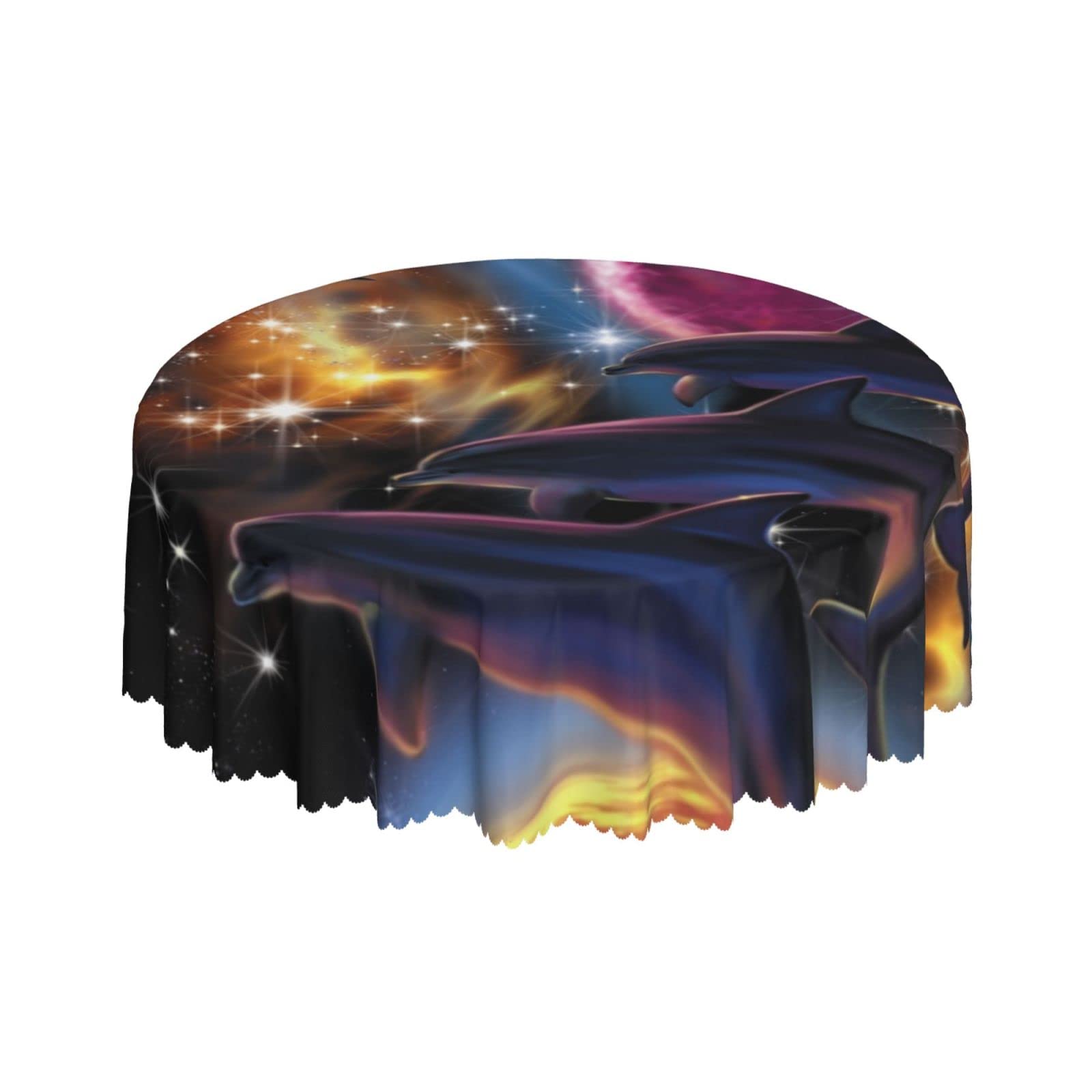 Lsjuee Milky Way Dolphin Abstract Universe Round Tablecloth 60 Inch Printed Washable Tablecloth for Dining Party Holiday Fall Home Decorative