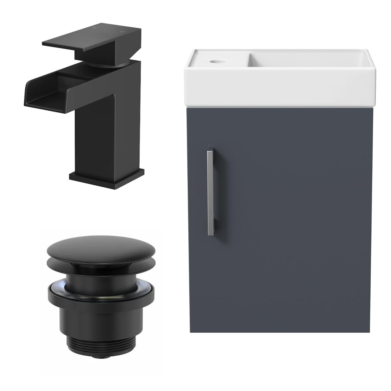 BAYSTONE 400mm Bathroom Vanity Unit Ceramic Wash Sink Wall Hung Storage Cabinet Reversible Soft Close Cupboard & Essentials Basin Mixer Tap & Waste Set, Grey Gloss