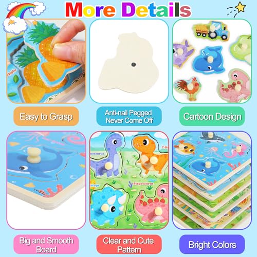 6PCS Wooden Toddler Puzzles, Montessori Toys Peg Puzzles for 3-5 Kid, Toddler Learning Educational Toys Kids Puzzle -Dinosaur, Farm, Farm Animals, Sea Animals, Fruit, Baby Puzzle Gift for Boys Girls - Thumbnail 3