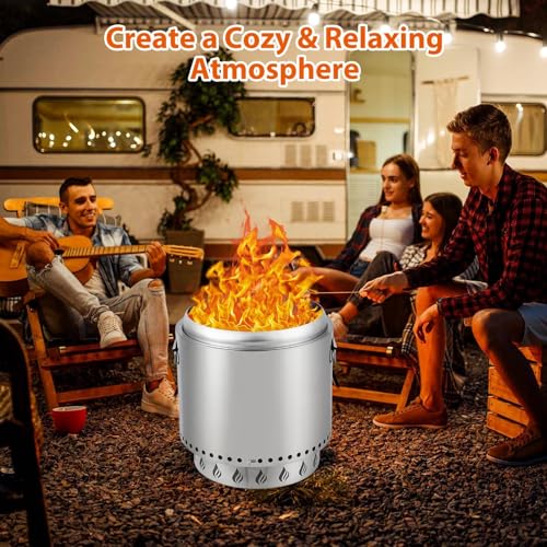 Portable Smokeless Fire Pit with Double Wall Design, Efficient Burn, Removable Ash Pan & Poker - Lightweight Stainless Steel Outdoor Firepit for Camping, Barbecuing, and Roasting Marshmallows