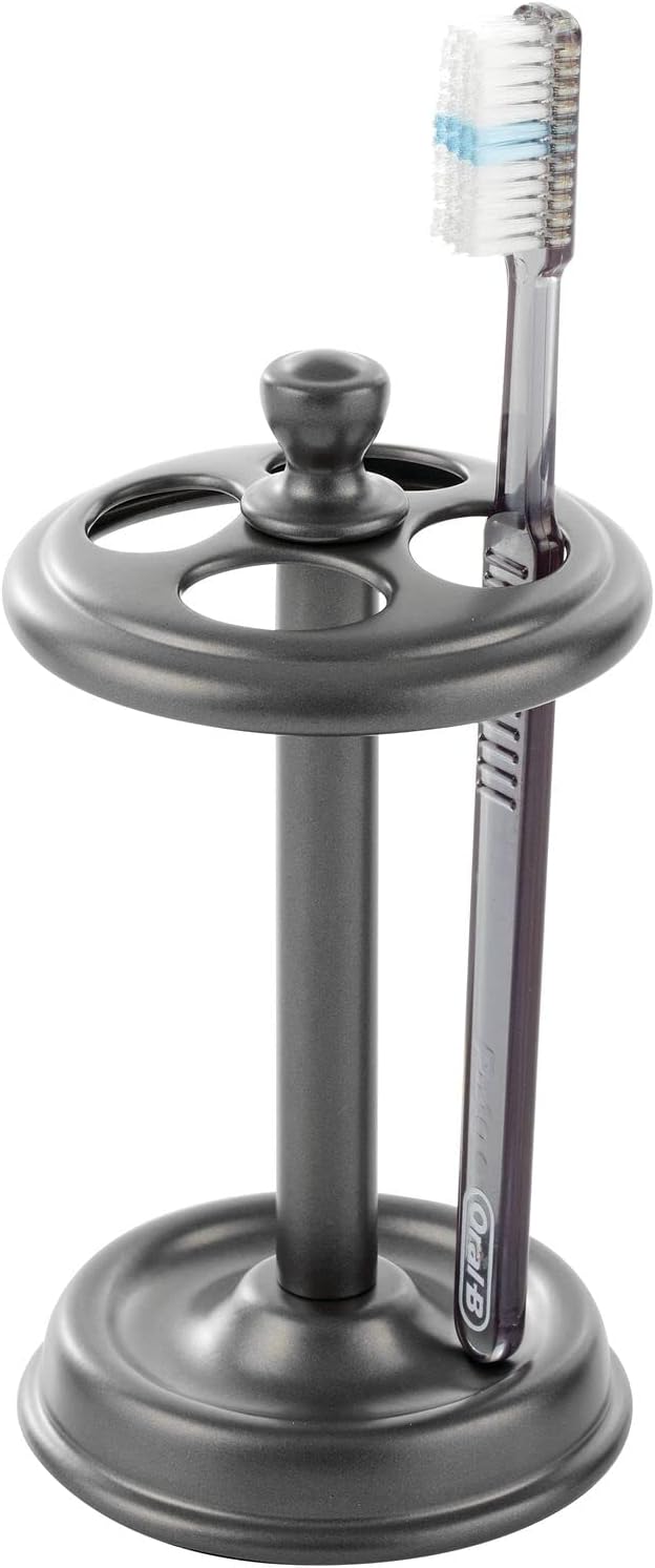mDesign Compact Decorative Steel Bathroom Vanity Countertop Toothbrush Holder Stand - Dental Organizer with 4 Compartments for Bathroom Vanity Countertops and Medicine Cabinet - Graphite Gray