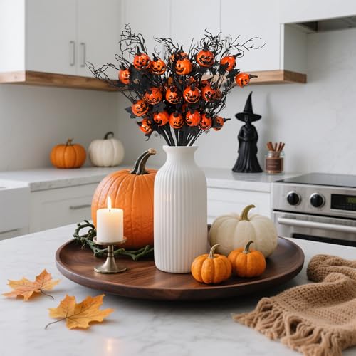 CATCHLUCK Kürbis Dekoration Zweige 5er-Set, Halloween Kunstblumen Kürbis Decorative Herbstdeko Kunstblumen mit Schwarzen Blumen Halloween Party