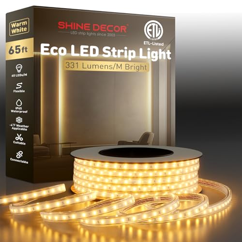 Image of Shine Decor LED Strip Light Easy Connectable, 2800K Warm White Cold Resist Weatherproof Plug-in for Indoor Outdoor, 101 LM /FT Dimmable Bright Eco Rope Lighting 65FT, 120V Whole Set ETL Listed