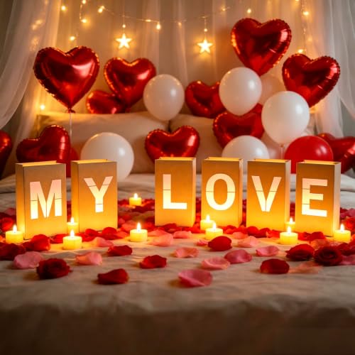Image of MY LOVE Light Up Letters, with Tea Lights Candles, Rose Petals, Pearlescent Foil Balloons - Luminary Paper Bags, Anniversary Decorations and Valentines' Day Decorations for Your Loved One