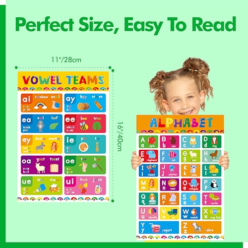 Image of 17 English Phonics Posters, Language Education Charts, Learning Vowels, Alphabet Posters, PET Film Covered Phonics Learning Tool For Kindergarten Classroom, Bulletin Board, Kids' Room, 11 inchx16 inch