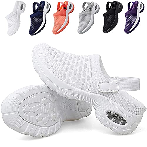 KFGJ Sabots Mules Respirant, Sandales de Marche Respirantes pour Femmes, Sandales orthopédiques, Chaussures décontractées Respirantes à Coussin d'air, Sandales de Sport en Maille (NAUXIU) 38 Blanc