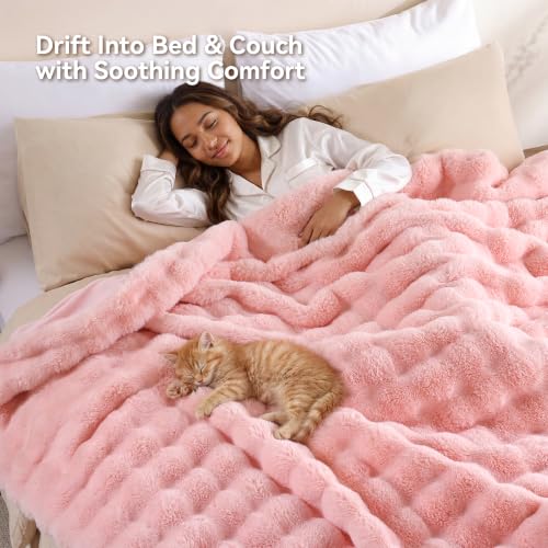 Smoofy Cobija de piel sintética de conejo para sofá - Manta burbuja rosa rubor 50"x60" miniatura 5