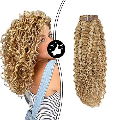 Moresoo 20 Inch Clip Real in Extensions Blonde Clip in Hair Extensions Colored #12 Brown Highlighted with #613 Bleach Blonde Clip in Natural Extensions 7Pieces 100g Kinkys Curly