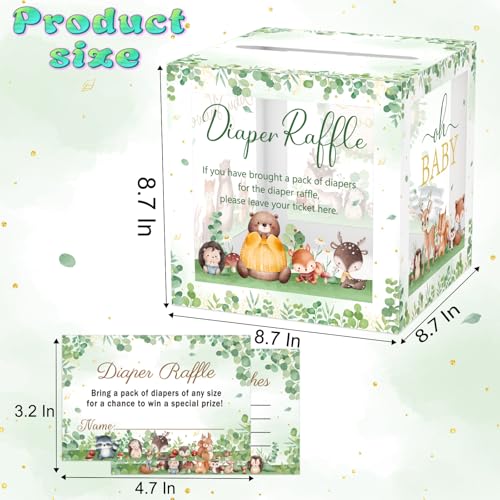 Image of 51Pcs Woodland Diaper Raffle Tickets with Box for Baby Shower Games, Oh Baby Diaper Raffle Card Box with Cards, Greenery Forest Animals Raffle Gender Reveal Raffle Party Decoration Card Box
