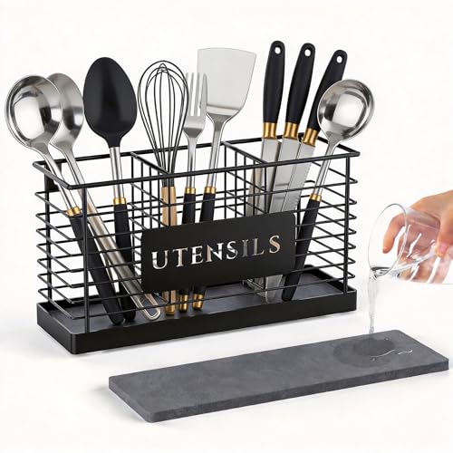 THYGIFTREE Utensil Holder for Kitchen Counter with Diatomaceous Earth Base, Large Black Metal Cooking Tool Organizer with 3 Compartments, Countertop Utensil Holder for Spatula and Kitchen Utensils