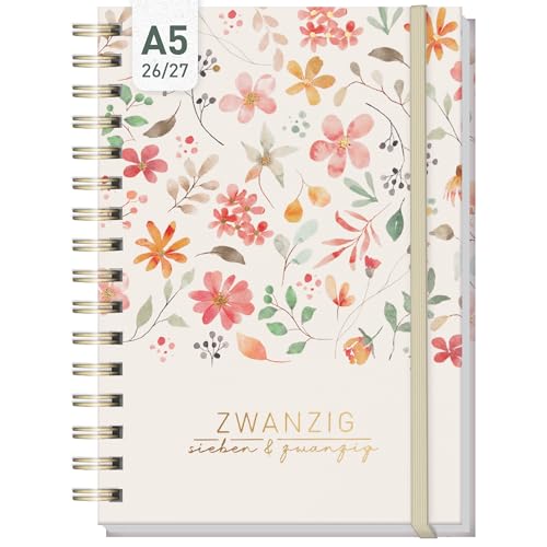 Häfft® Lieblings-Timer Ringbuch-Kalender 2026 2027 A5-17 Monate: August 26 bis Dezember 27 - Hardcover Wochenplaner Terminkalender mit Spiralbindung 'Wild Blossoms'