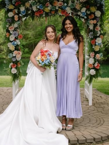 BANTRATIC Pleated Bridesmaid Dresses for Women Spaghetti Straps Satin V Neck Empire Waist Formal Wedding Guest Evening Gown2