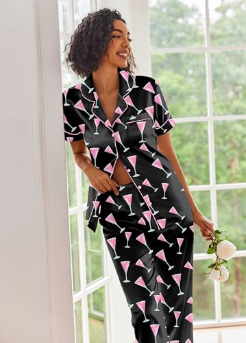 Image of Ekouaer 2 Piece Satin Short Sleeve Pajamas Set Button Down Sleepwear | Soft Pjs Set Classic Loungewear for Wedding, Party, Home, Daily Wear, Date Nights
