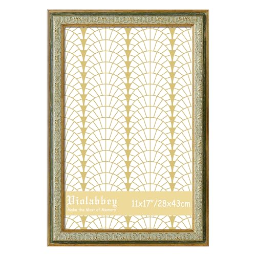 Image of VIOLABBEY 11x17 Picture Frame Green, Vintage Frames Ornate without Mat | Ornate Antique Frame, Fits 11x17 Photos for Wall Hanging, HD Plexiglass, Wall Decor