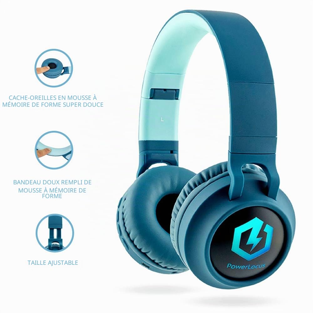 PowerLocus Casque Enfant Bluetooth, Casque Audio sans Fil pour Enfants, Bluetooth 5.0 Confortable Pliable Casque avec Micro intégré, Volume limité à 85db, Réglable, Micro SD Carte Slot, Lumières LED