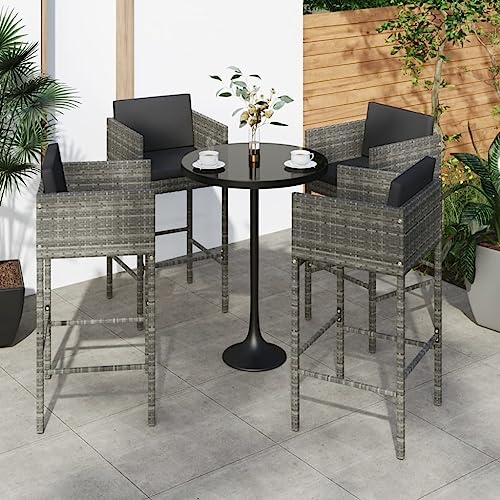 Lot de 4 Tabourets de Bar Gris avec Coussins Confortables, Chaise Haute en Résine Tressée Résistante aux Intempéries pour Jardin, Terrasse, Cuisine ou...