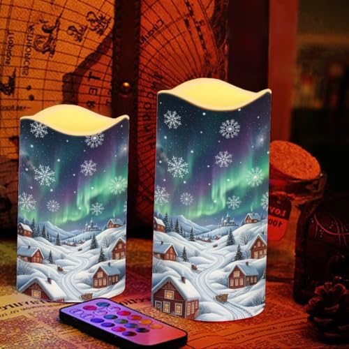 Image of Christmas Flameless LED Candles Set of 4 | Aurora Winter Village, Xmas Flameless Candles, with Remote Flickering, LED Candles with Timer for Holiday Patio Accents