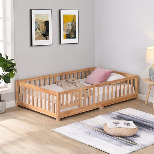 KEIKI Full Size Floor Bed with Fence, Solid Wood Platform Bed Frame, Montessori Floor Bed with Slats and Safety Guardrails