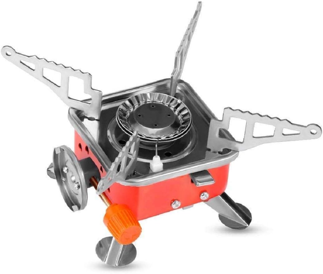 Saiyam Portable Windproof Camping Gas Stove Outdoor Metal Folding Picnic Gas Burner Stove Furnace (11.2 x 11.2 x 9.5 cm, Red, Square)
