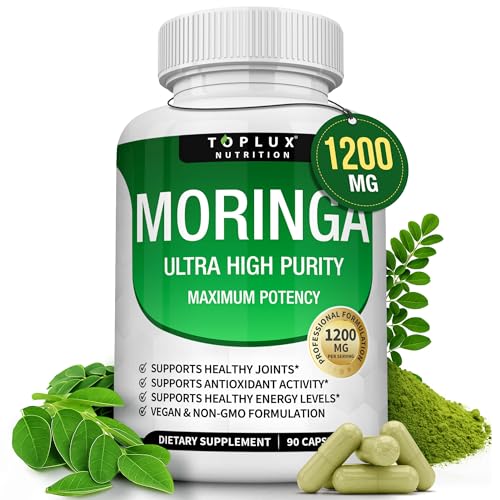 Toplux Moringa Capsules 1200mg Pure Moringa Powder High Potency Leaf Extract Green Superfood Rich in Antioxidant for Energy & Immune Support Vegan Non-GMO 90 Capsules