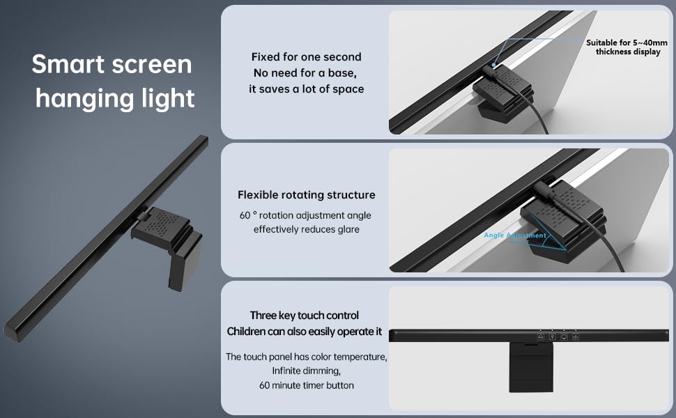 Barra de luz para monitor con retroiluminación RGB, lámpara de pantalla LED para computadora para cuidado de los ojos, fuente de luz dual alimentada por USB con control táctil para computadora 4