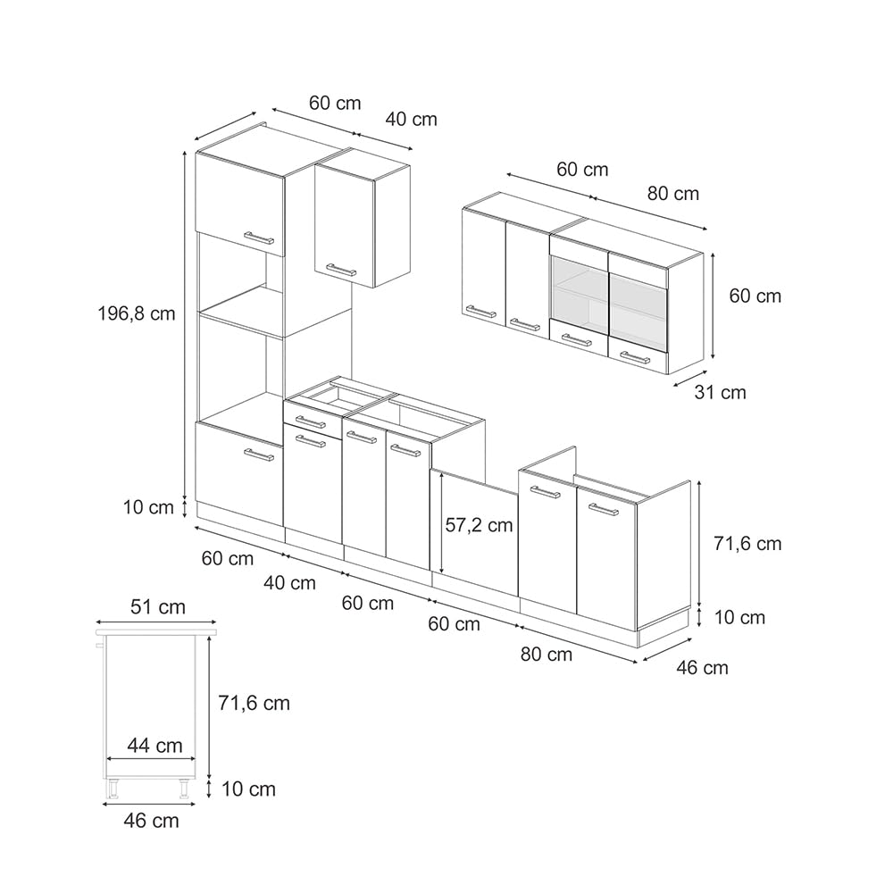 Vicco Cucina componibile R-Line, Grigio nobile, 300 cm con armadio alto, PL Antracite, adatto per combinazioni ed espansioni personalizzate