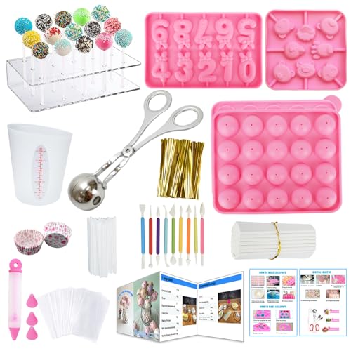 Cake Pop Maker Kit with Pink Silicone Molds Roller Display Stand Lollipop Cake Pop Sticks Wrappers Muffin Cupcakes Decorating Pen Instructions Visual Recipe Cards Valentine Easter Gifts
