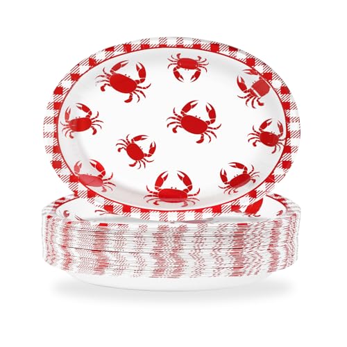 Grencian Ovale Pappteller, 50 Stück, 25,4 x 30,5 cm, groß, rotes Gingham-Krabben-Partyteller, Einwegteller, strapazierfähig, Sommer, Meeresfrüchte, Kochen, Party, Zubehör für Grillen, Picknick, Kochen