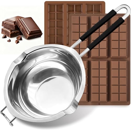 Buhdjfnke Pentola per Bagnomaria da 1200 Ml/1,1 QT, in Acciaio, per Sciogliere Il Cioccolato, con 2 Stampi in Silicone per Barrette di Cioccolato