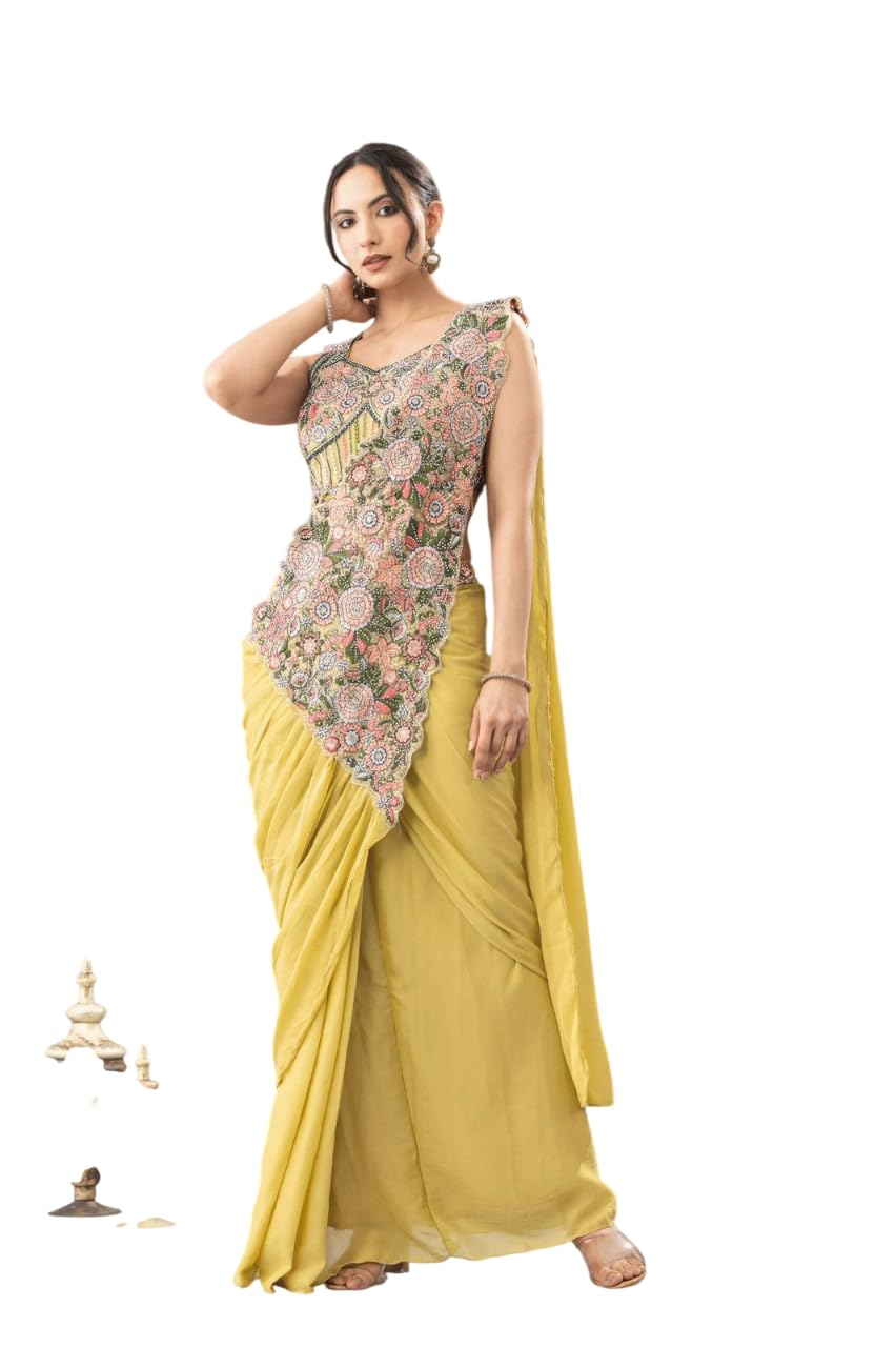 raj laxmi Ready to Wear Drape Saree for Women Chinon Fabric with Heavy Embroidered Designer Blouse, Pre Stitched Partyy Wear Saree, Wedding Festive Cocktail Saree-picture-56