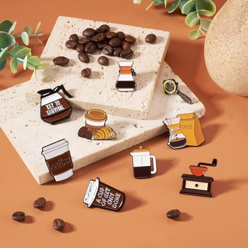 Image of 9Pcs Coffee Theme Brooch Enamel Pins Coffeepot Bean Croissant Coffee Cup Lapel Badge Pins Barista Drink Brooch Badges for Backpacks Bags Hats Clothing Decorative Supplies
