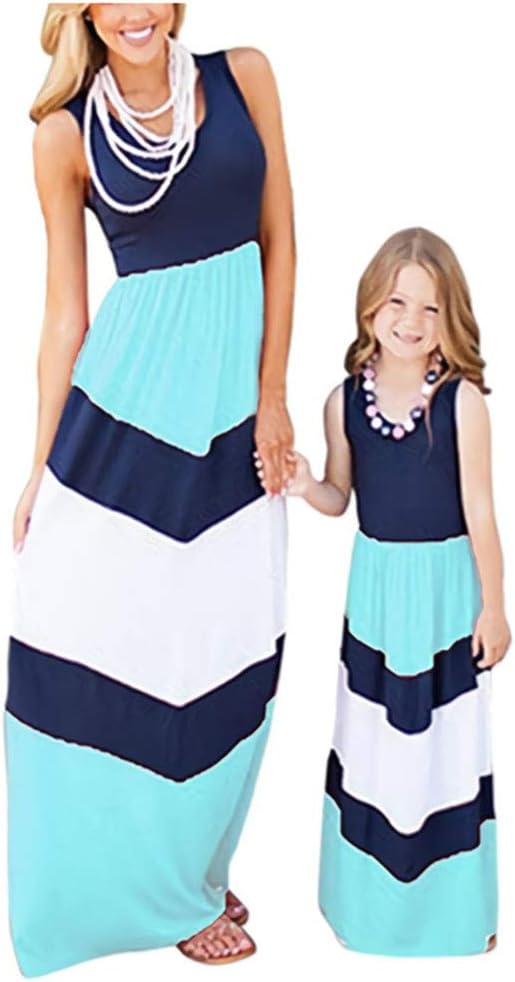 Family Style Mother and Daughter Matching Clothes Long Boho Party Beach Dresses Blue+White L