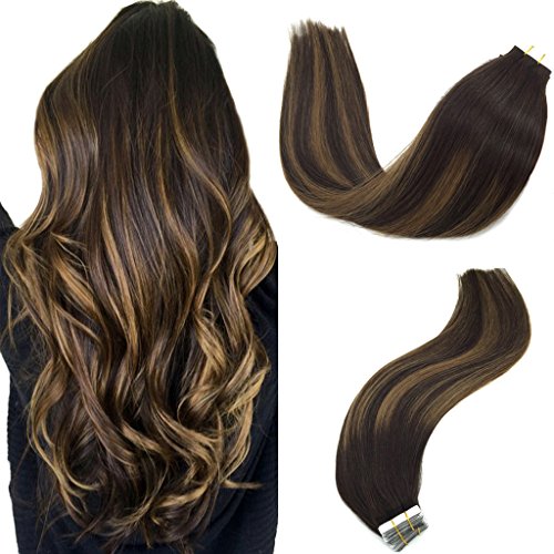 Googoo 20pcs 50g Human Hair Tape in Extensions Double Weft Dark Brown to Light Brown Highlighted Brown Balayage Tape in Hair Extensions 22inch
